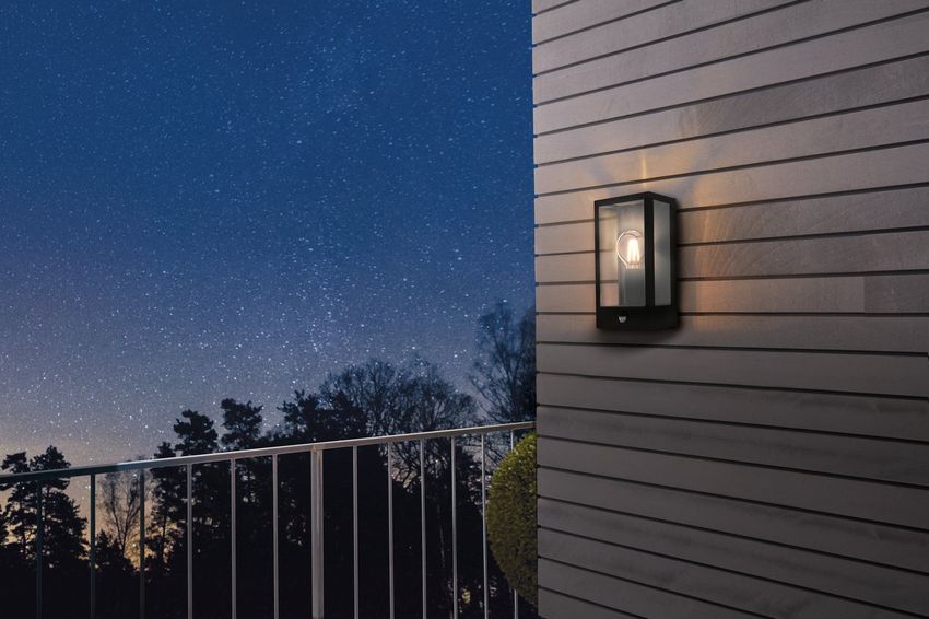 Brisbane1 wand- Buitenlamp met bewegings Sensor Ip44 Zwart/Glas - De Smid Verlichting