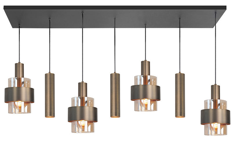 Marrone 7-Lichts Hanglamp Balk Mat Zwart/Brons/Bruin Glas - De Smid Verlichting