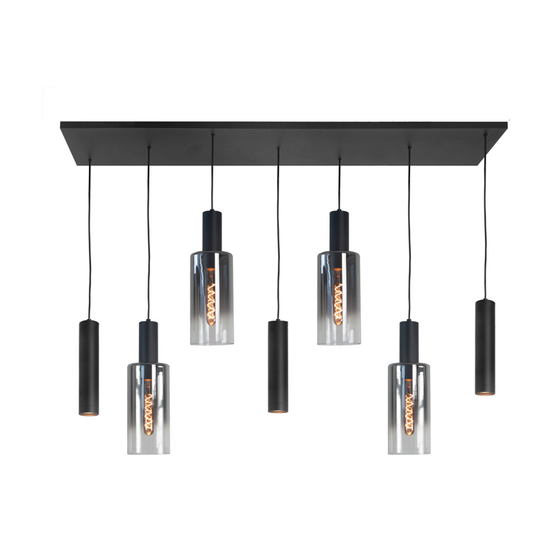 Perugia 7-Lichts Hanglamp Balk Mat Zwart/Semi Smoke - De Smid Verlichting