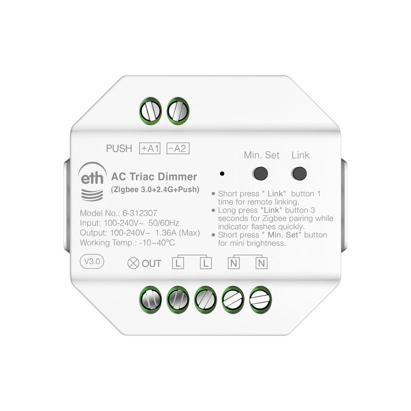 ETH AC triac Zigbee dimmer 3.0 + 2.4G + Push inbouw 100-240v 300w