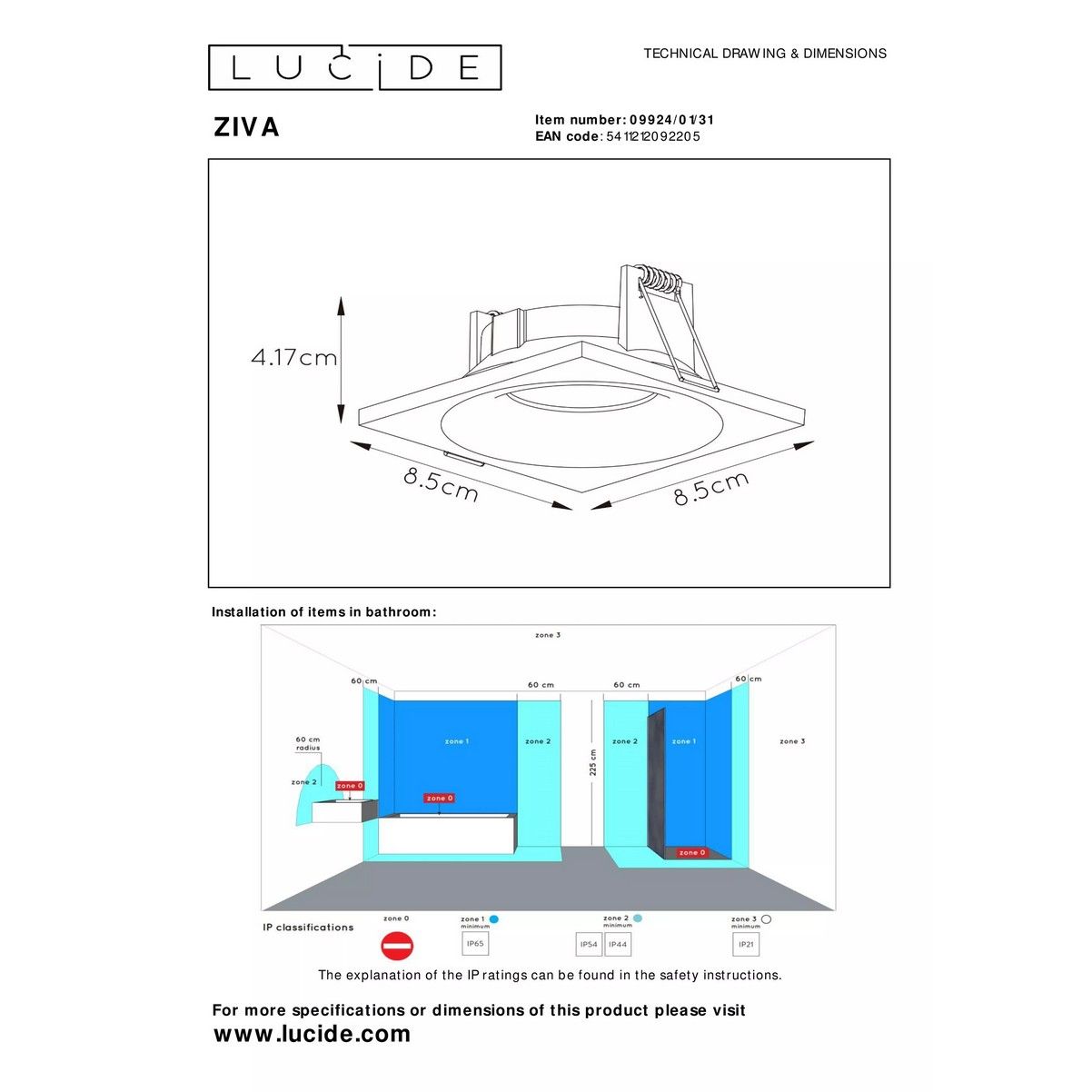 Lucide Ziva Inbouws. Vierkant Ip44 09924/01/31 Wit - De Smid Verlichting