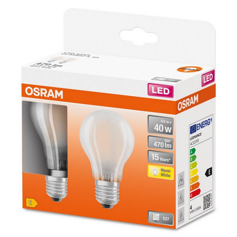 Osram LED Standaard lamp A60 4,0w/E27 40watt MAT 2-Pack uitvoering