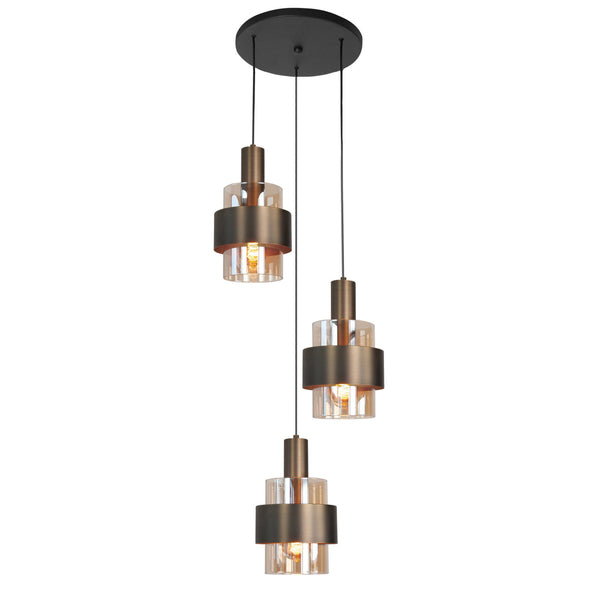 Marrone 3-Lichts Hanglamp Rond Brons/Glas Bruin - De Smid Verlichting