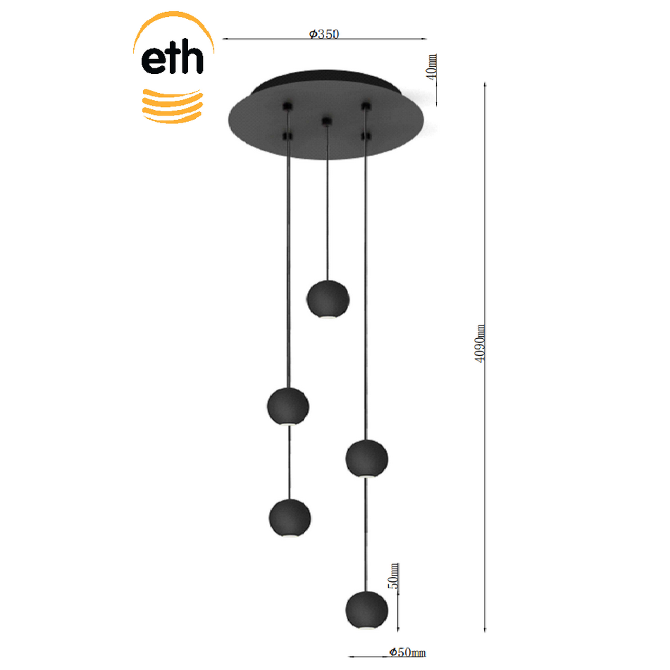 ETH 05-HL4505-30 Grace 5-Lichts Hanglamp Rond Ø35cm 1800Lumen Zwart - De Smid Verlichting