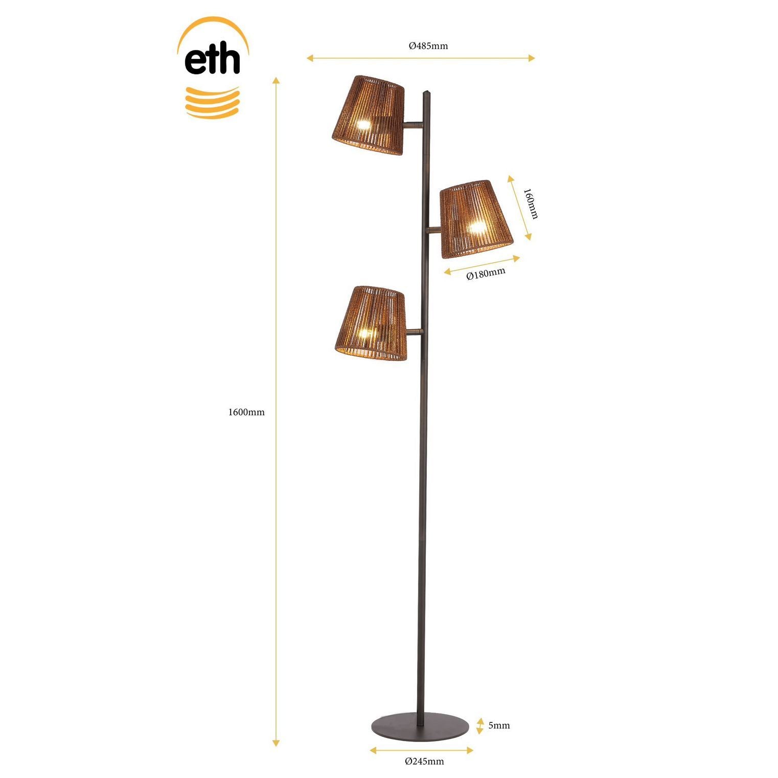 ETH Daan 3-Lichts Vloerlamp 3xE27 Anodic Brown De Laatste - De Smid Verlichting