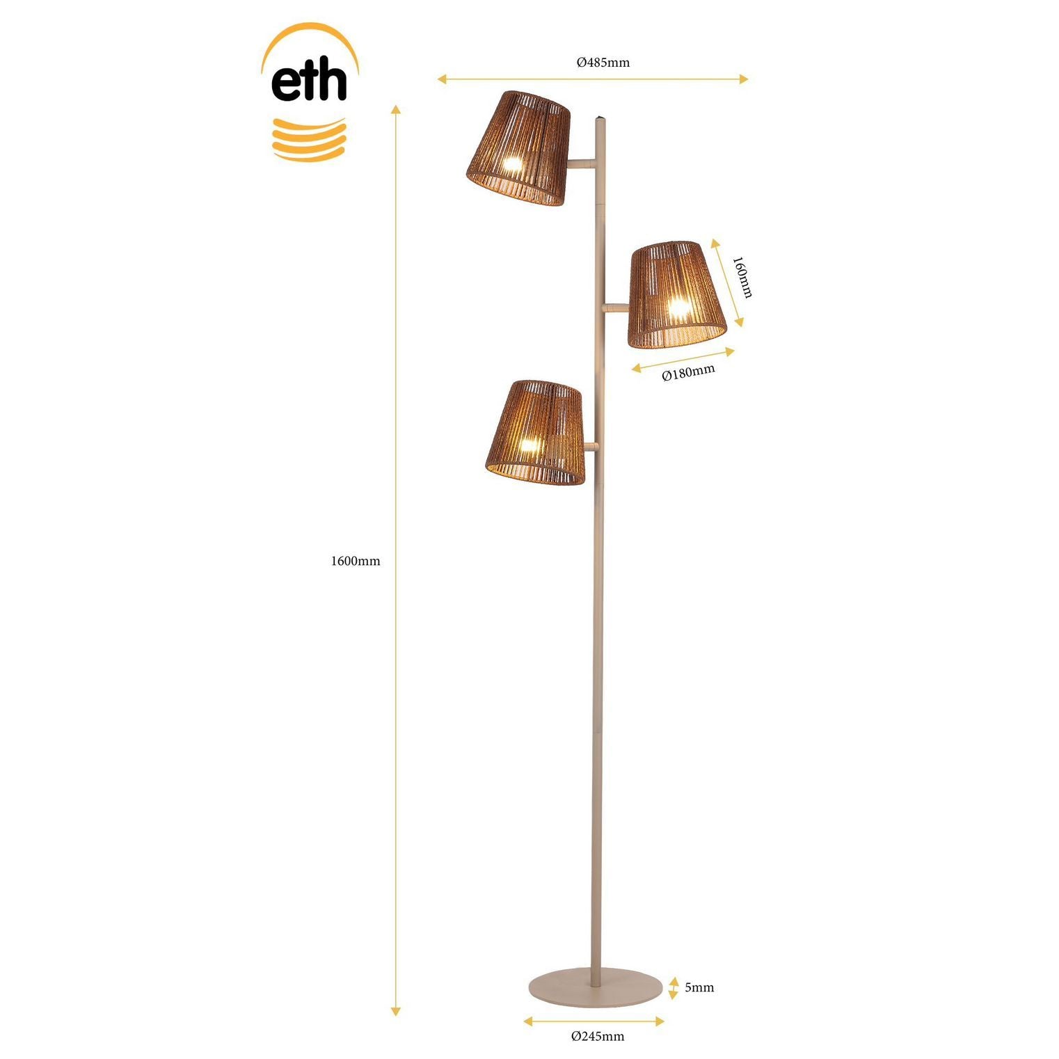 ETH Daan 3-Lichts Vloerlamp 3xE27 Sand De Laatste - De Smid Verlichting