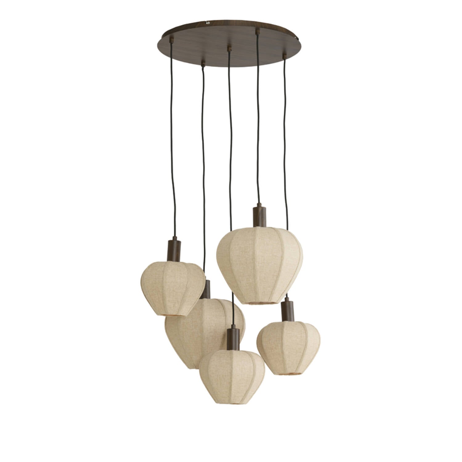 Hanging lamp 5L Ø76x140 cm HUXI wood prnt d brwn+linen nat.