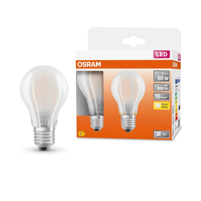 Osram LED Standaard lamp A60 6,5w/E27 60watt MAT 2-Pack uitvoering
