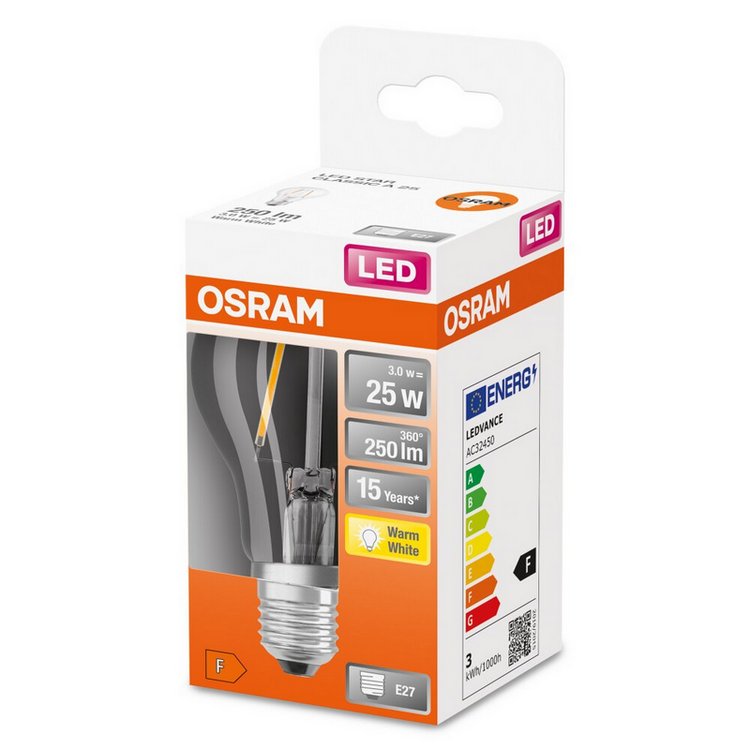 Osram A60 Standaard Lichtbron Warm Wit F-LED CLA25H 2,5W 827 E27 Helder