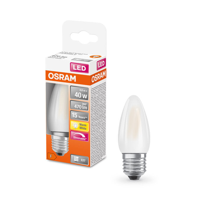 Osram kaarslamp F-LED CLB40M Dimbaar 4,8W 827 E27 Mat