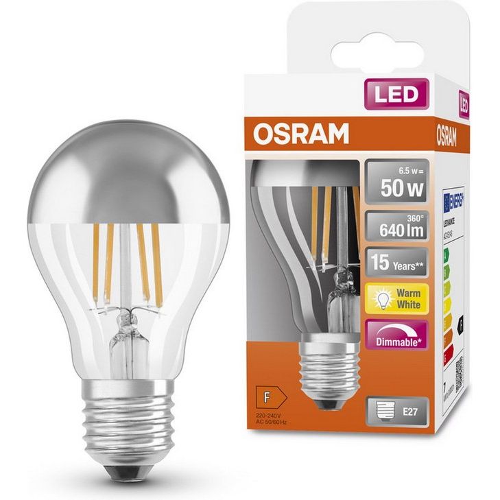 Osram Kop Spiegel lamp F-LED CLA50KOP-ZI Dimbaar 6,5watt 827 E27 Zilver/Helder - De Smid Verlichting