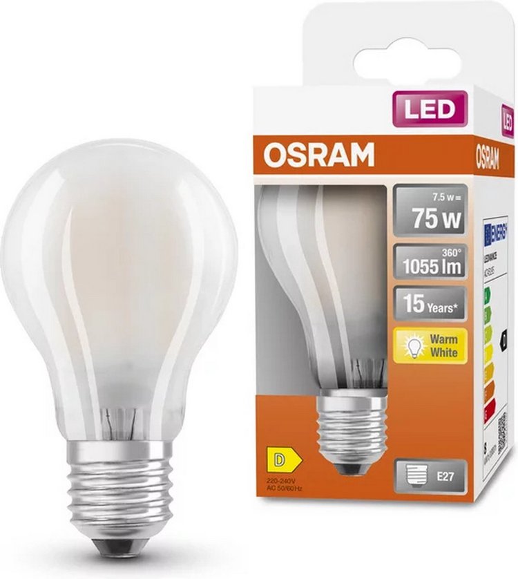 Osram A60 Standaard Lichtbron Warm Wit F-LED CLA75M 7,5W 827 E27 Mat