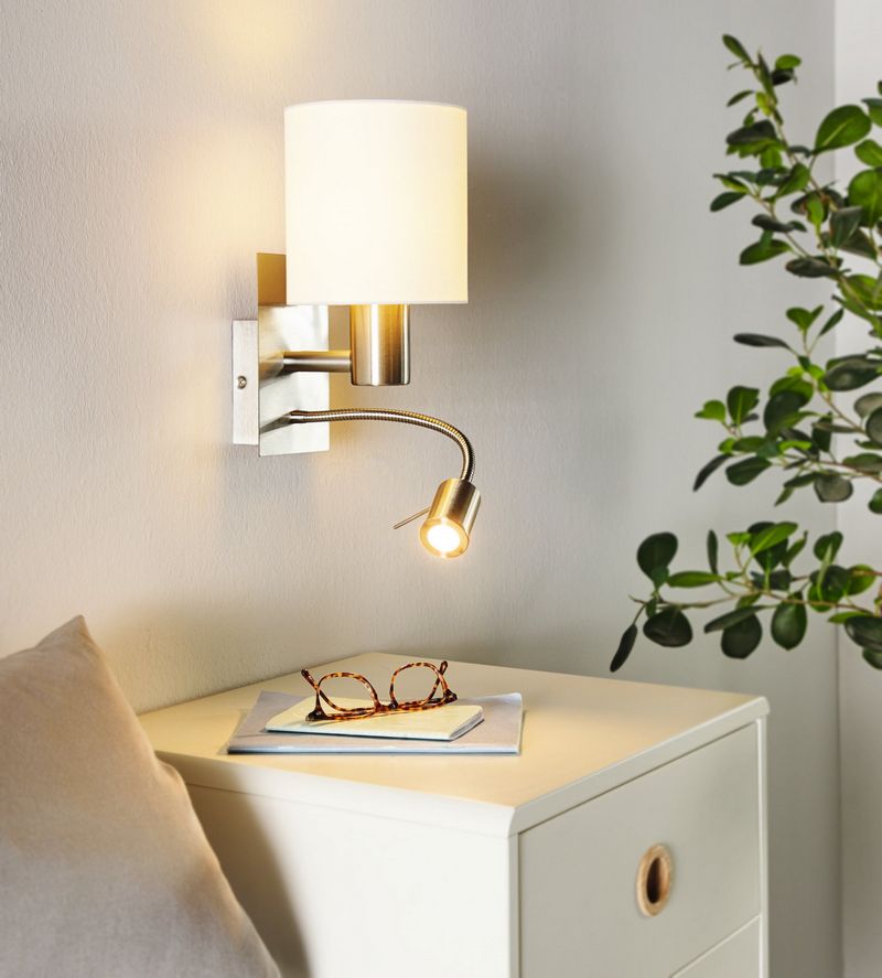 Pasteri Wandlamp+stoffenkap+flex LED onderlicht Staal/Wit