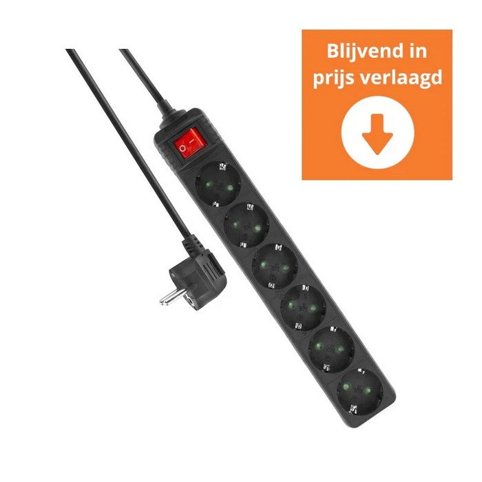 Stekkerdoos 6-weg+RA+schak+1.5mtr 3x1 zwart