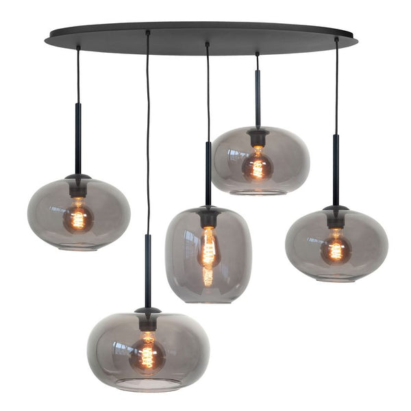 Highlight Bellini 5-lichts hanglamp ovaal Zwart met rookglas - De Smid Verlichting