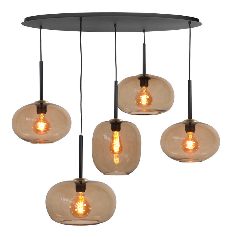 Highlight Bellini 5-lichts hanglamp ovaal Zwart met Bruin glas