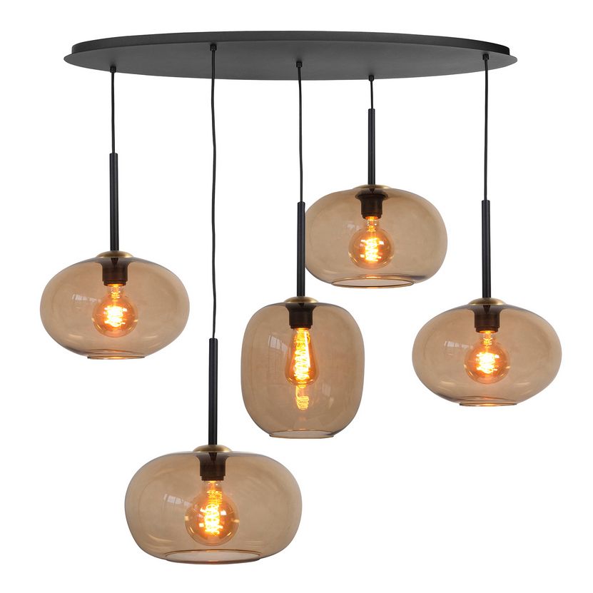 Highlight Bellini 5-lichts hanglamp ovaal Zwart met Bruin glas - De Smid Verlichting