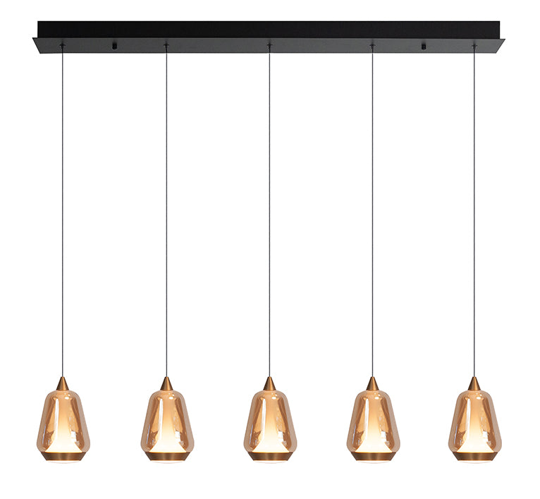 Tromba 5-Lichts Hanglamp Balk 5 x7watt Zwart Glas Amber 2700 kelvin