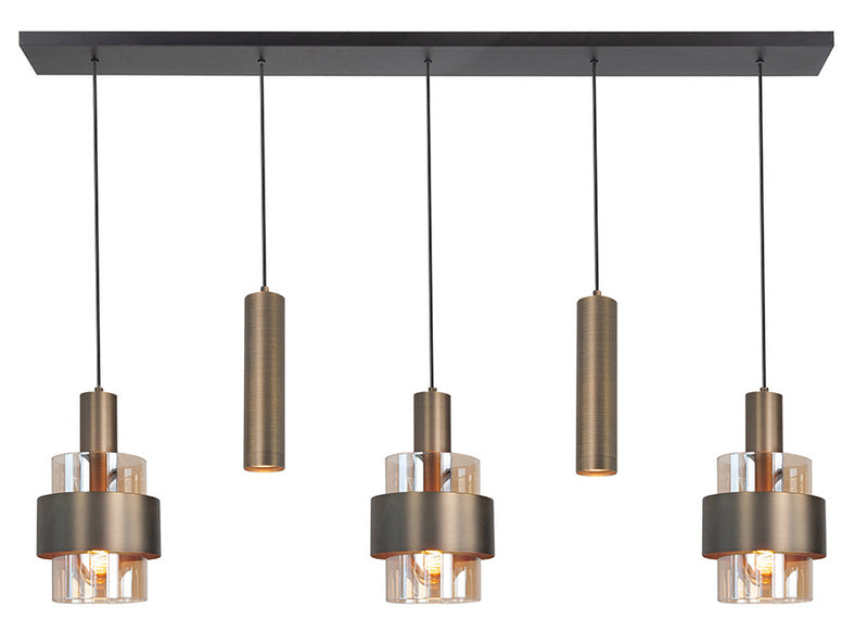 Marrone 5-Lichts Hanglamp Balk Mat Zwart/Brons/Bruin Glas
