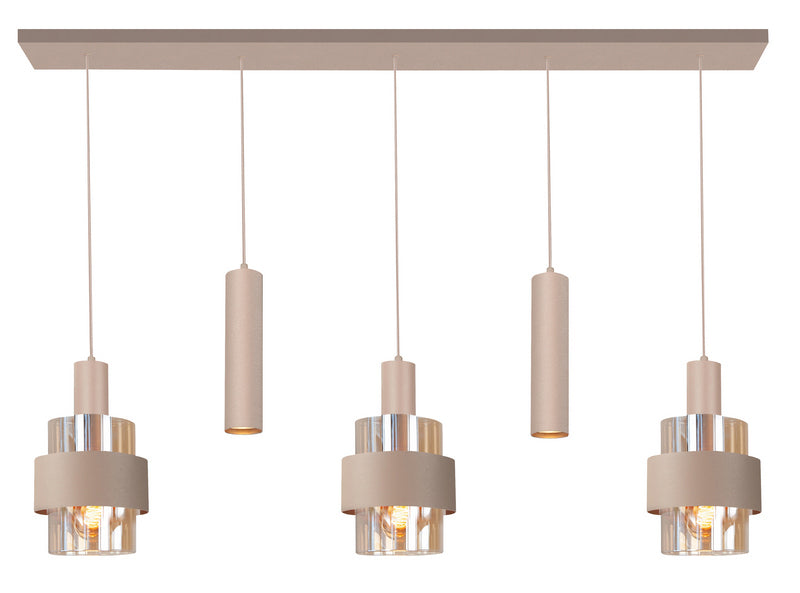 Highlight Marrone 5-Lichts Hanglamp Balk Mat Zand/Bruin Glas