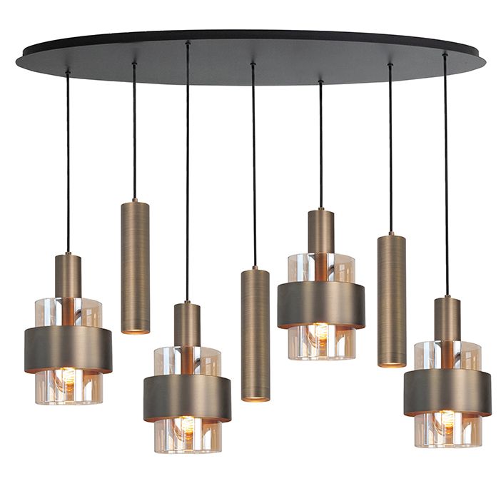 Marrone 7-Lichts Hanglamp Ovaal Mat Zwart/Brons/Bruin Glas - De Smid Verlichting