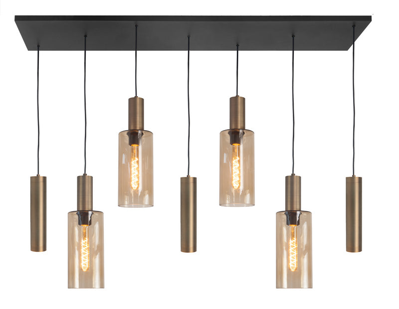 Perugia 7-Lichts Hanglamp Balk H5701.32 Mat Zwart/Brons/Amber Glas