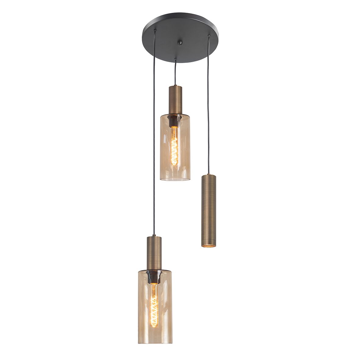 Perugia 3-Lichts Hanglamp Rond Mat Zwart/Brons/Amber - De Smid Verlichting