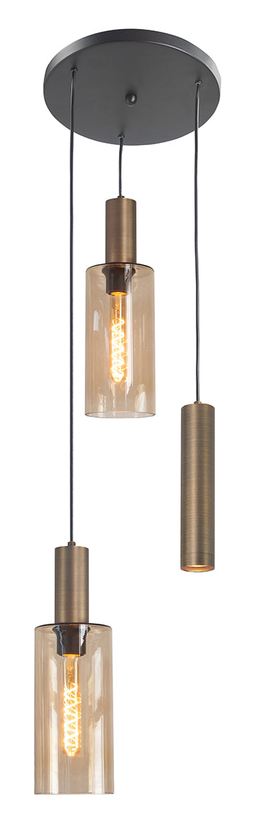 Perugia 3-Lichts Hanglamp Rond Mat Zwart/Brons/Amber - De Smid Verlichting