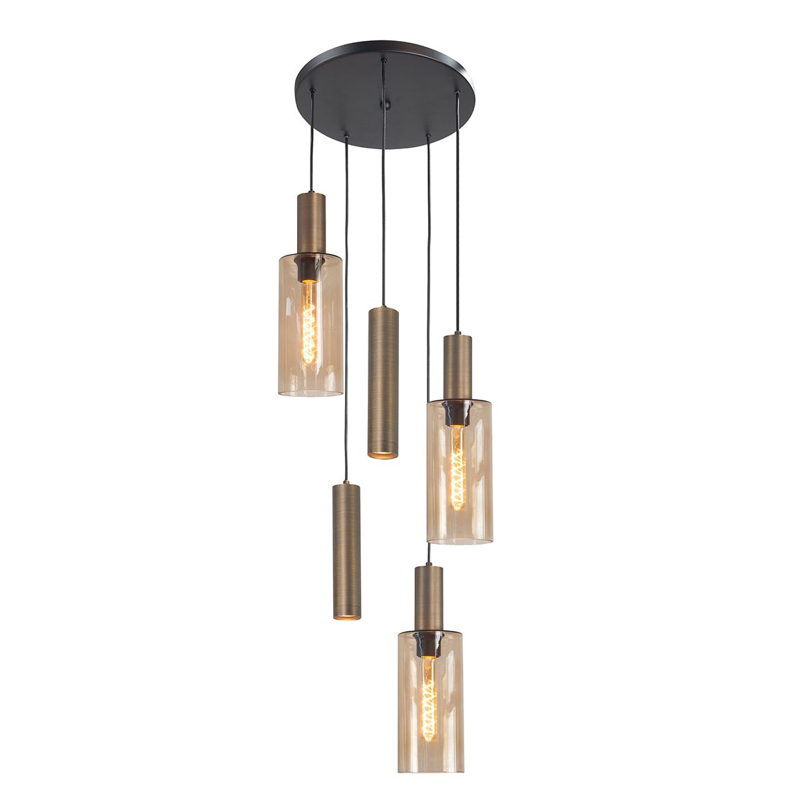 Perugia 5-Lichts Hanglamp Rond Mat Zwart/Brons/Amber Glas - De Smid Verlichting