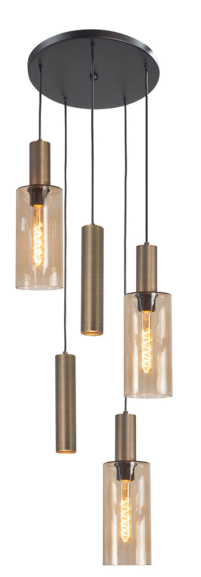 Perugia 5-Lichts Hanglamp Rond Mat Zwart/Brons/Amber Glas