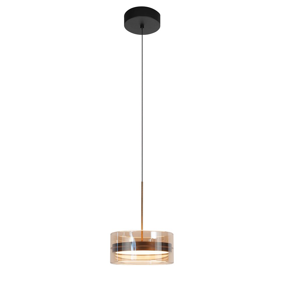 Enzo 1-Lichts Hanglamp Rond 18watt Brons/Zwart/Glas Amber 2700 kelvin - De Smid Verlichting