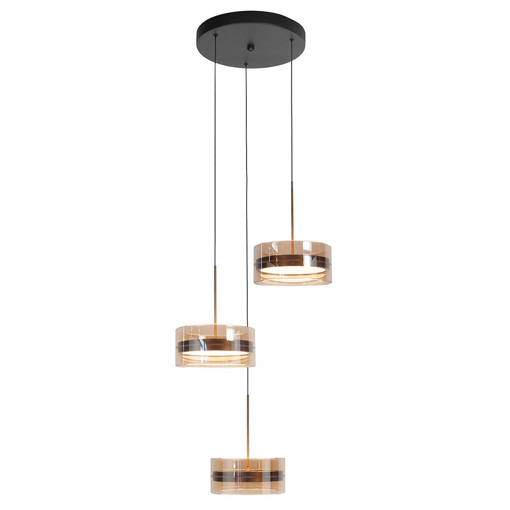 Enzo 3-Lichts Hanglamp Rond 3 x 18watt Brons/Zwart/Glas Amber 2700 kelvin - De Smid Verlichting
