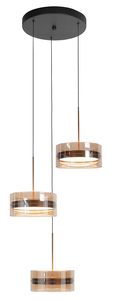 Enzo 3-Lichts Hanglamp Rond 3 x 18watt Brons/Zwart/Glas Amber 2700 kelvin