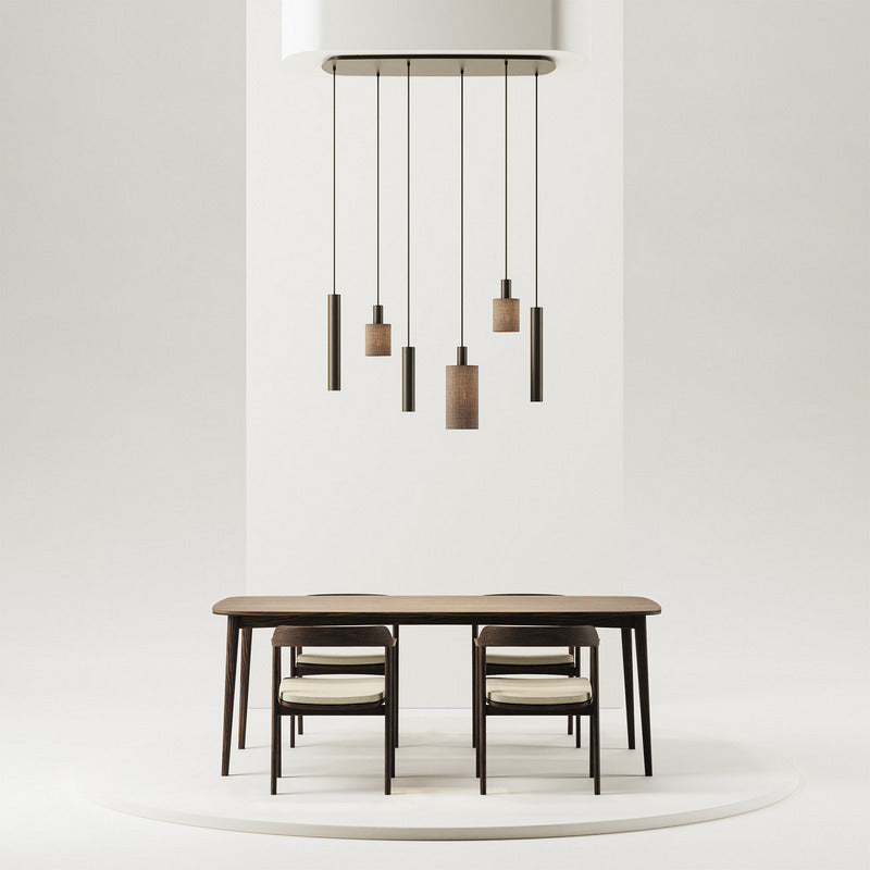 ZTAHL Portofino 6-Lichts Hanglamp Deens Ovaal  1810-Platinum+ Brown Linnen Kappen