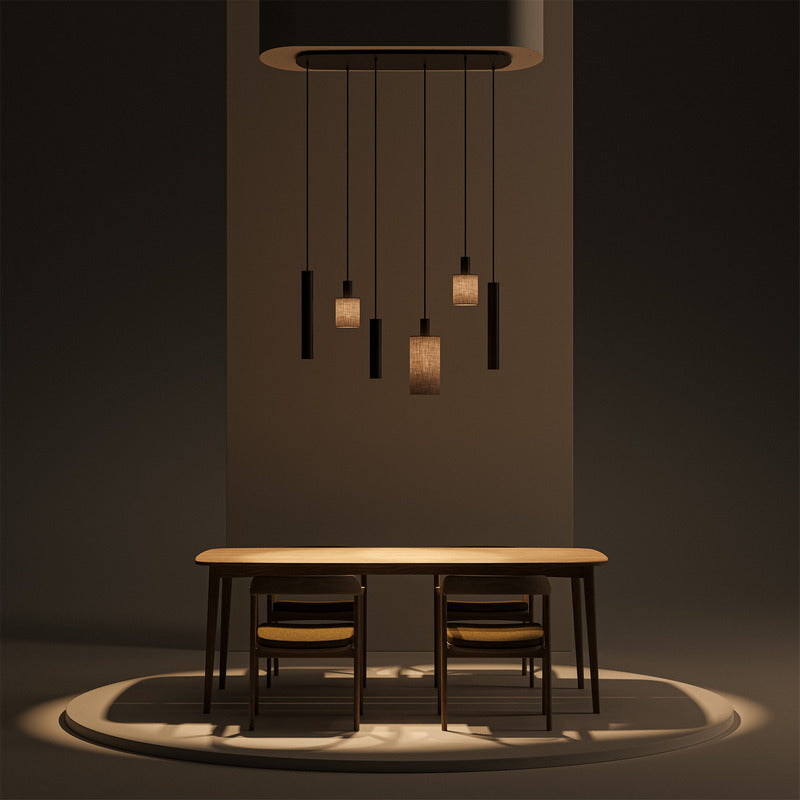 ZTAHL Portofino 6-Lichts Hanglamp Deens Ovaal  1810-Platinum+ Brown Linnen Kappen