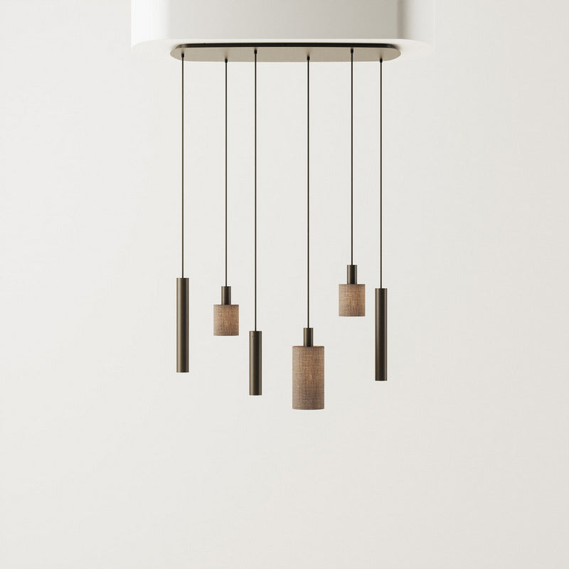 ZTAHL Portofino 6-Lichts Hanglamp Deens Ovaal  1810-Platinum+ Brown Linnen Kappen