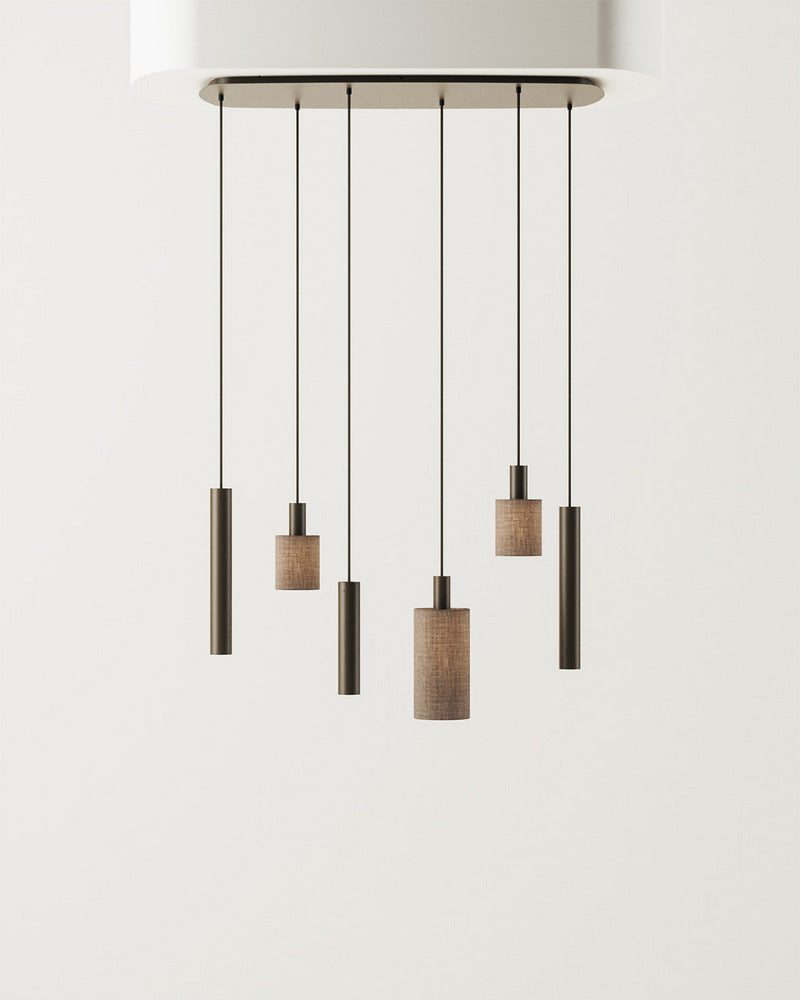 ZTAHL Portofino 6-Lichts Hanglamp Deens Ovaal 1810-Platinum+Naturel Linnen kappen