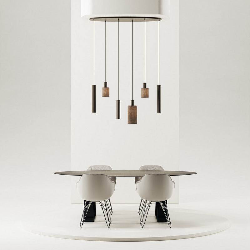 Ztahl Portofino 6-lichts Hanglamp Platinummet Brown Linnen Stoffenkappen 1820-Platinum