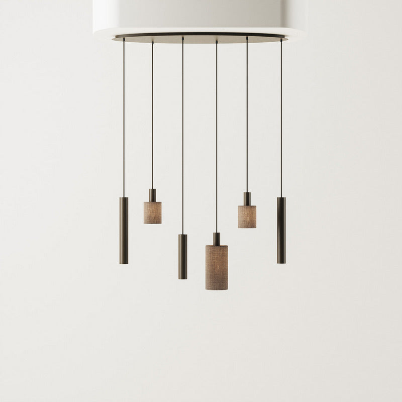 Ztahl Portofino 6-lichts Hanglamp Platinummet Brown Linnen Stoffenkappen 1820-Platinum