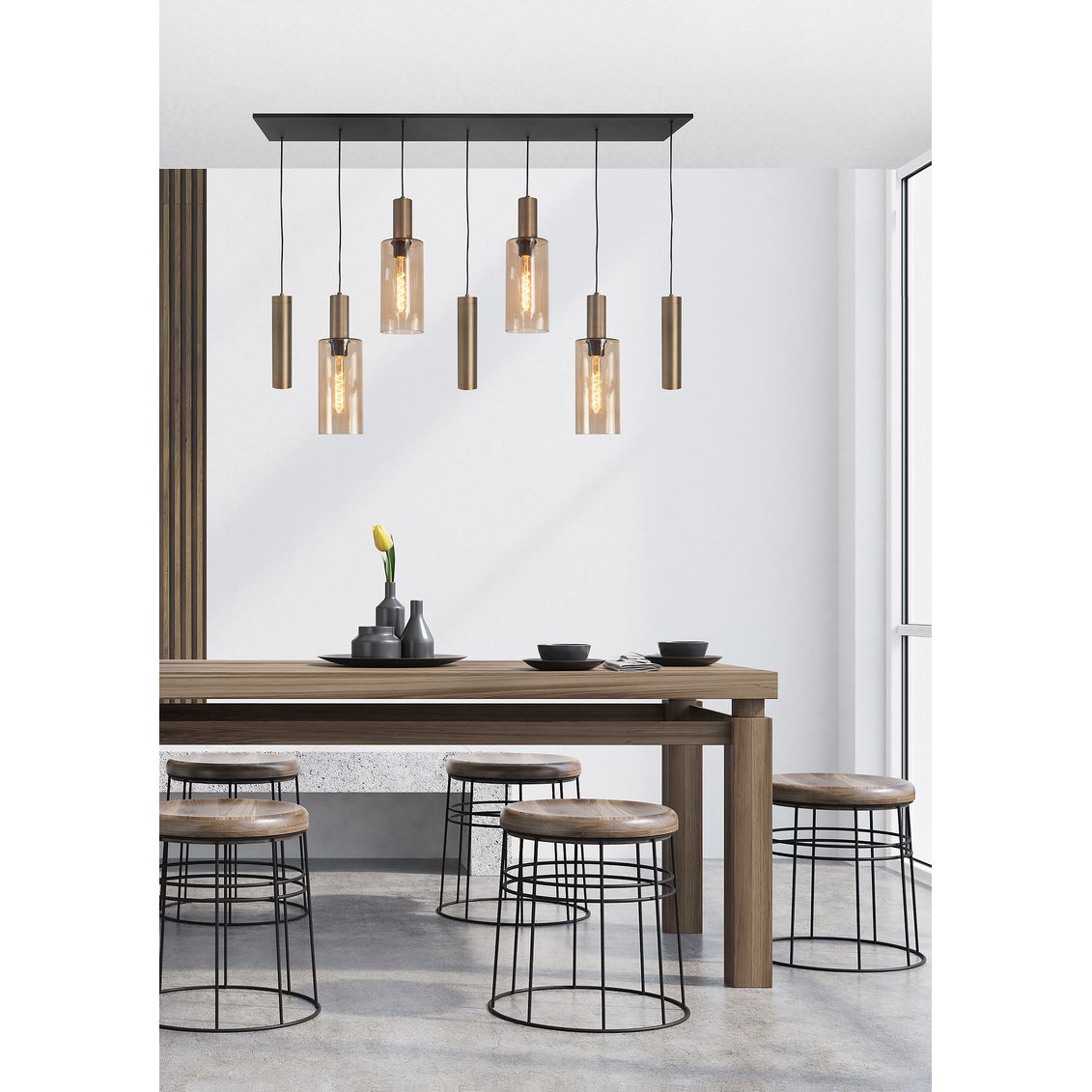 Perugia 7-Lichts Hanglamp Balk H5701.32 Mat Zwart/Brons/Amber Glas - De Smid Verlichting