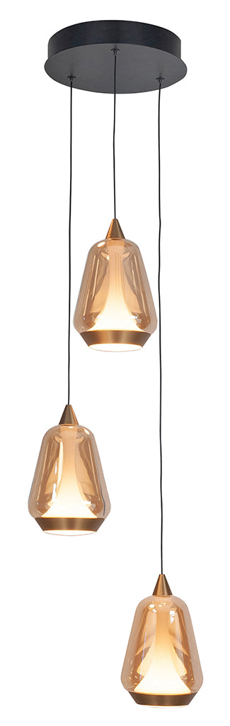 Tromba 3-Lichts Hanglamp Rond 3 x7watt Zwart Glas Amber 2700 kelvin