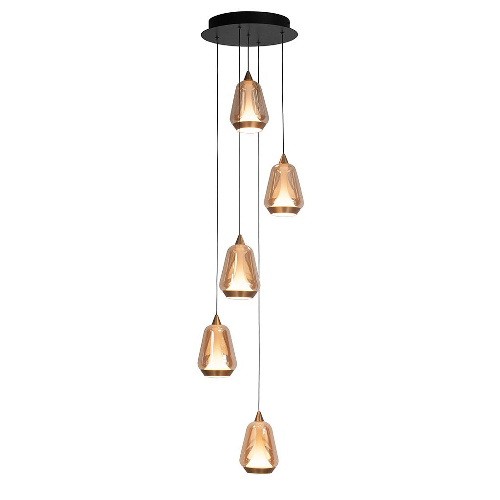 Tromba 5-Lichts Hanglamp Rond 5 x7watt Zwart Glas Amber 2700 kelvin - De Smid Verlichting