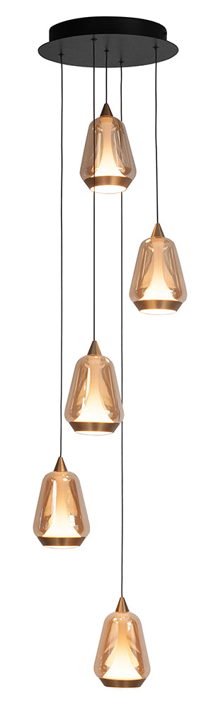 Tromba 5-Lichts Hanglamp Rond 5 x7watt Zwart Glas Amber 2700 kelvin