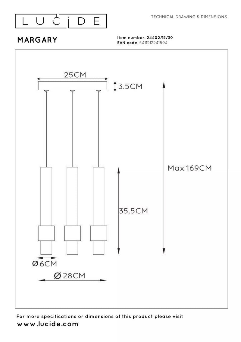 3-Lichts Hanglamp Tubes 3 x 433 lumen Black
