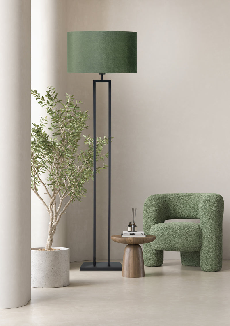 Moderne Monza Vloerlamp Zwart+ Stoffenkap Olijf/Goud V4295.01+O4444.05