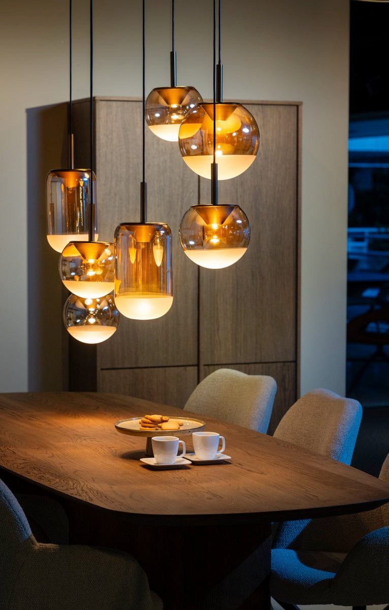 ETH Yvonne hanglamp 7-Lichts Hanglamp Ovale plaat met Amber Glazen