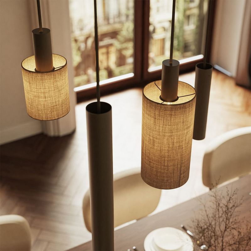 ZTAHL Portofino 6-Lichts Hanglamp Deens Ovaal 1810-Quartz+Naturel Linnen kappen